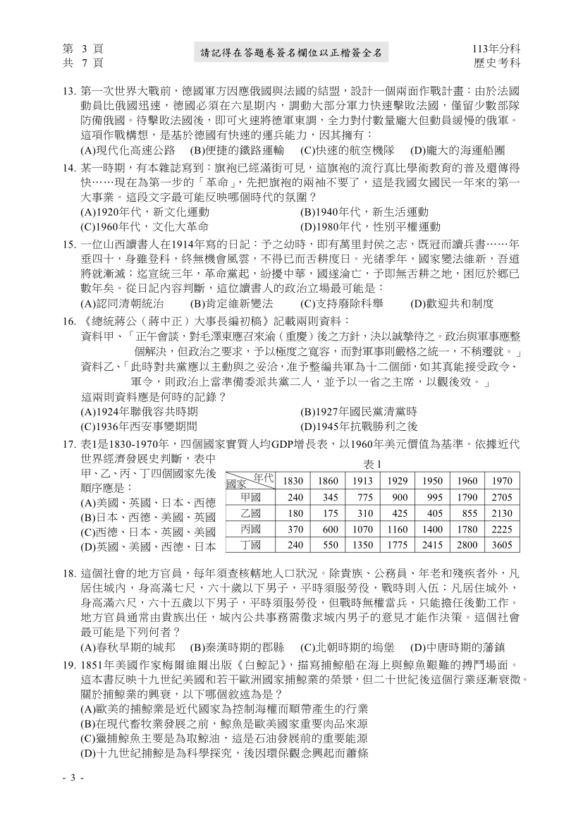 113分科測驗歷史科試題與解答、113分科歷史考科題目及答案