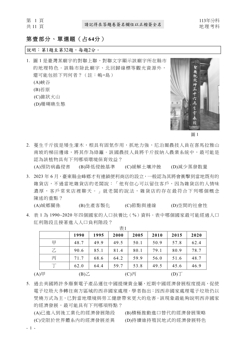 113分科測驗地理科試題與解答、113分科地理考科題目及答案