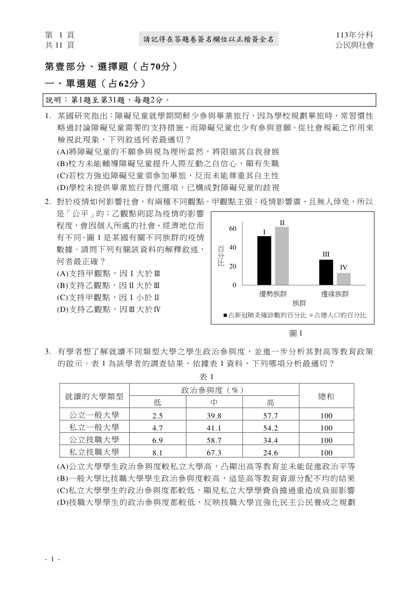 113分科測驗公民與社會科試題與解答、113分科公民與社會考科題目及答案