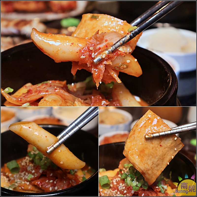 鰻鰻烤辣炒年糕,Q彈年糕搭配魚板與泡菜,拌炒韓式辣醬後撒上芝麻與蔥花,色香味俱全。