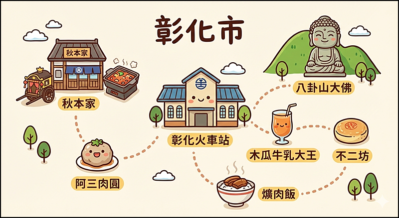 彰化火車站周邊美食一日遊地圖 Q 版手繪插畫,包含秋本家、阿三肉圓、八卦山大佛、不二坊等知名景點。
