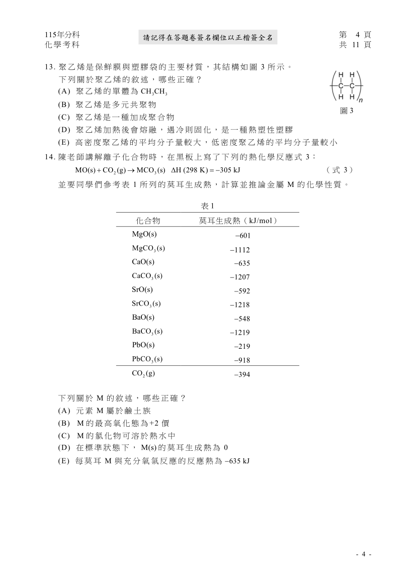 115分科測驗化學科試題與解答、115分科化學考科題目及答案