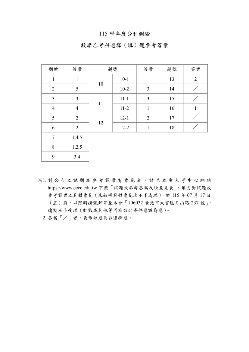 115分科測驗數學乙試題與解答、115分科數學乙考科題目及答案